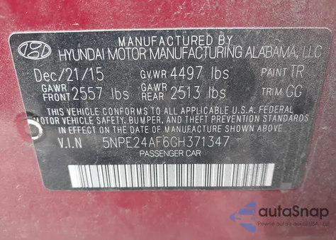 2016 Hyundai Sonata Se from USA, damaged, VIN 5NPE24AF6GH371347
